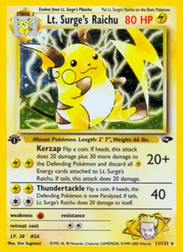 PSA 10 Pokémon Lt. Surge's Raichu #11 — Gym Challenge 1st Edition (2000)