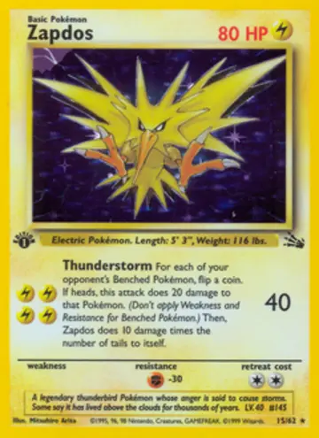 PSA 10 Pokémon Zapdos #15 — Fossil 1st Edition (1999)