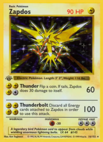 PSA 10 Pokémon Zapdos #16 — Base Set Shadowless (1999)