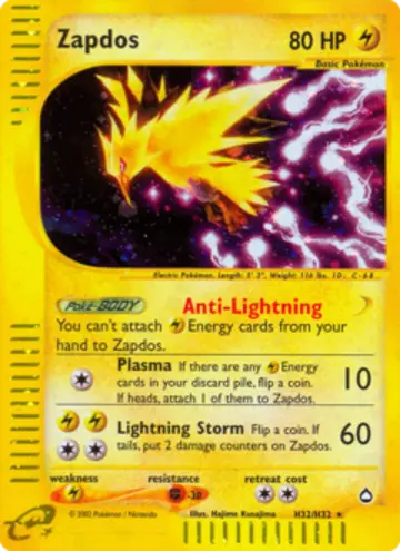PSA 10 Pokémon Zapdos #H32 — Aquapolis (2003)